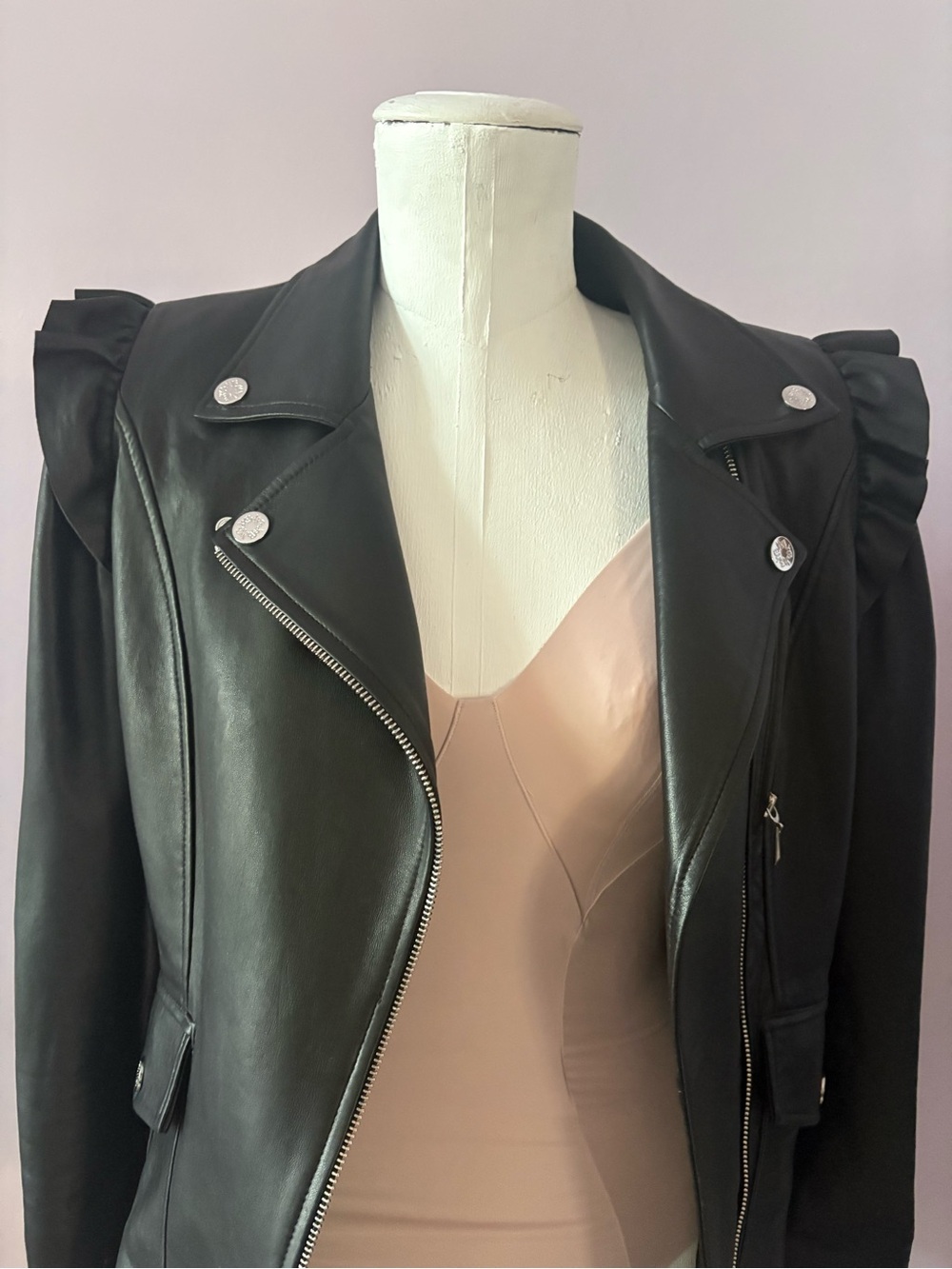 White House Black Market Black Faux Leather Ruffle-Shoulder Moto Jacket